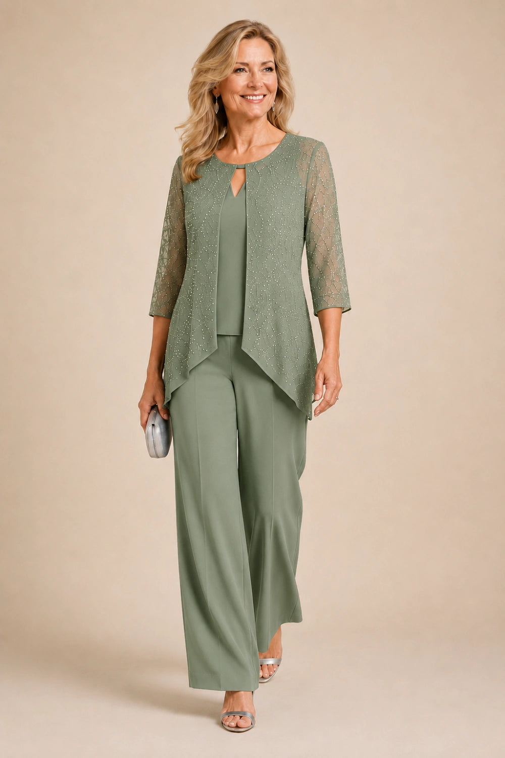 Beaded Lace Layered Wide-Leg Pant Suit