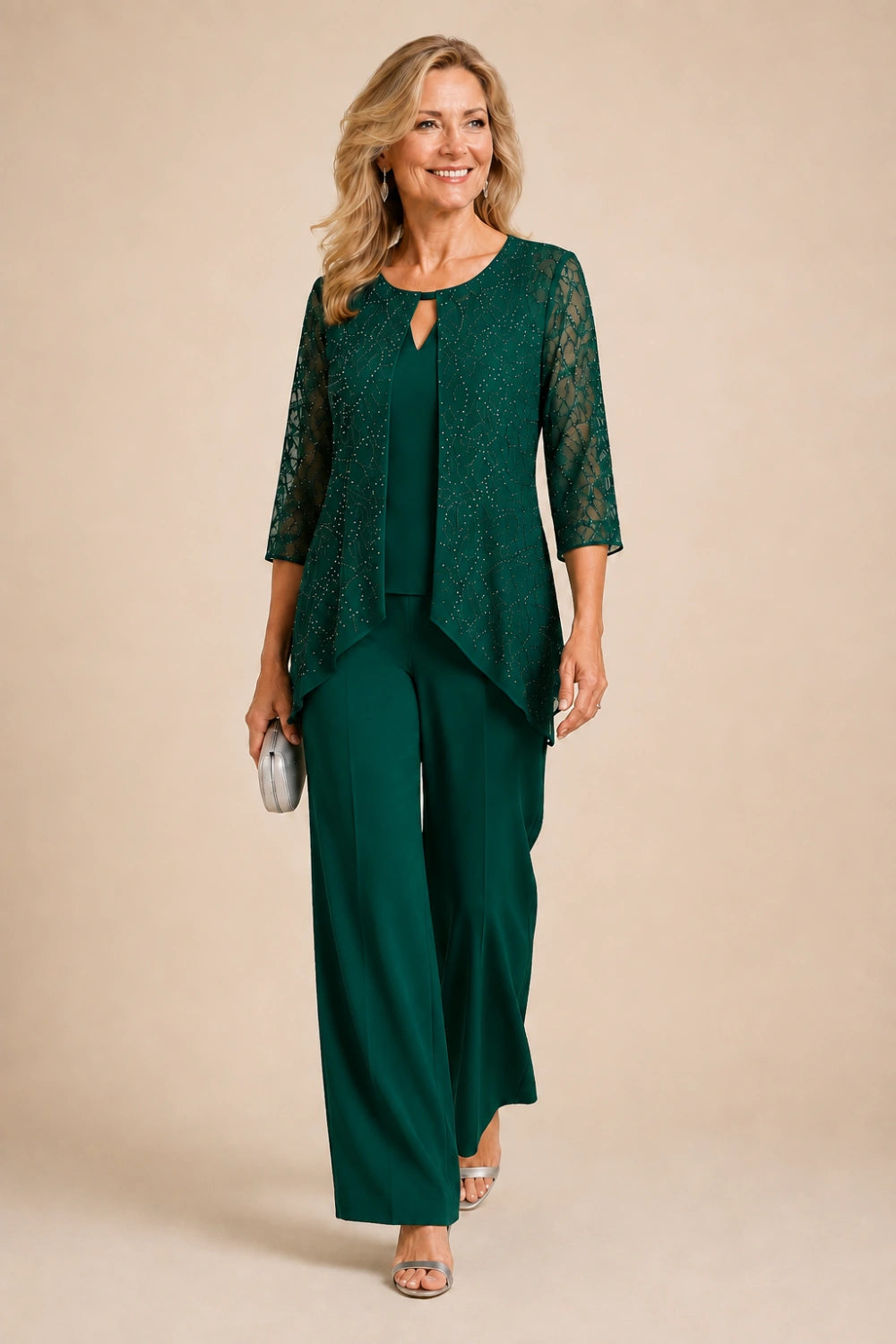 Beaded Lace Layered Wide-Leg Pant Suit