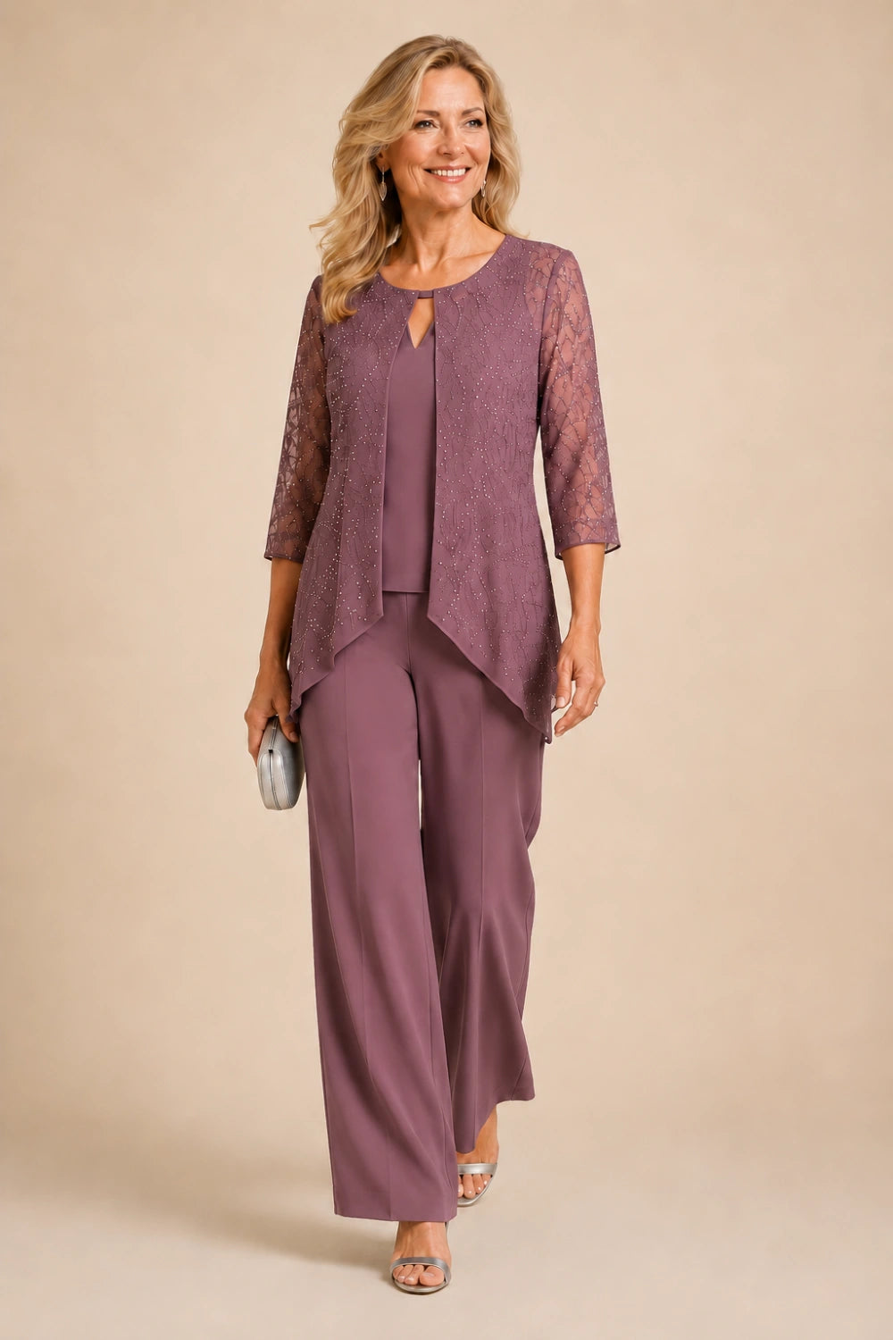 Beaded Lace Layered Wide-Leg Pant Suit