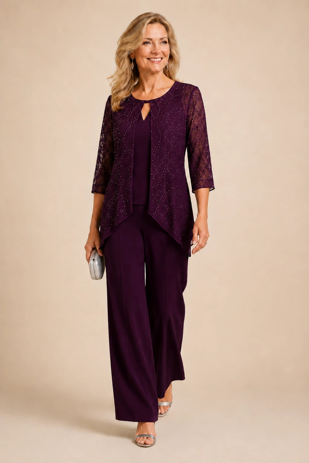 Beaded Lace Layered Wide-Leg Pant Suit