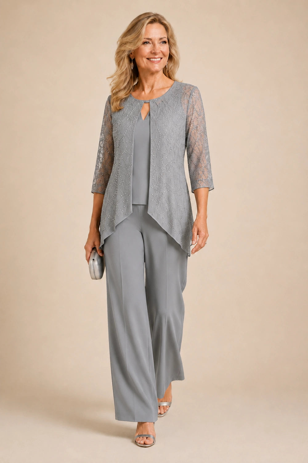 Beaded Lace Layered Wide-Leg Pant Suit
