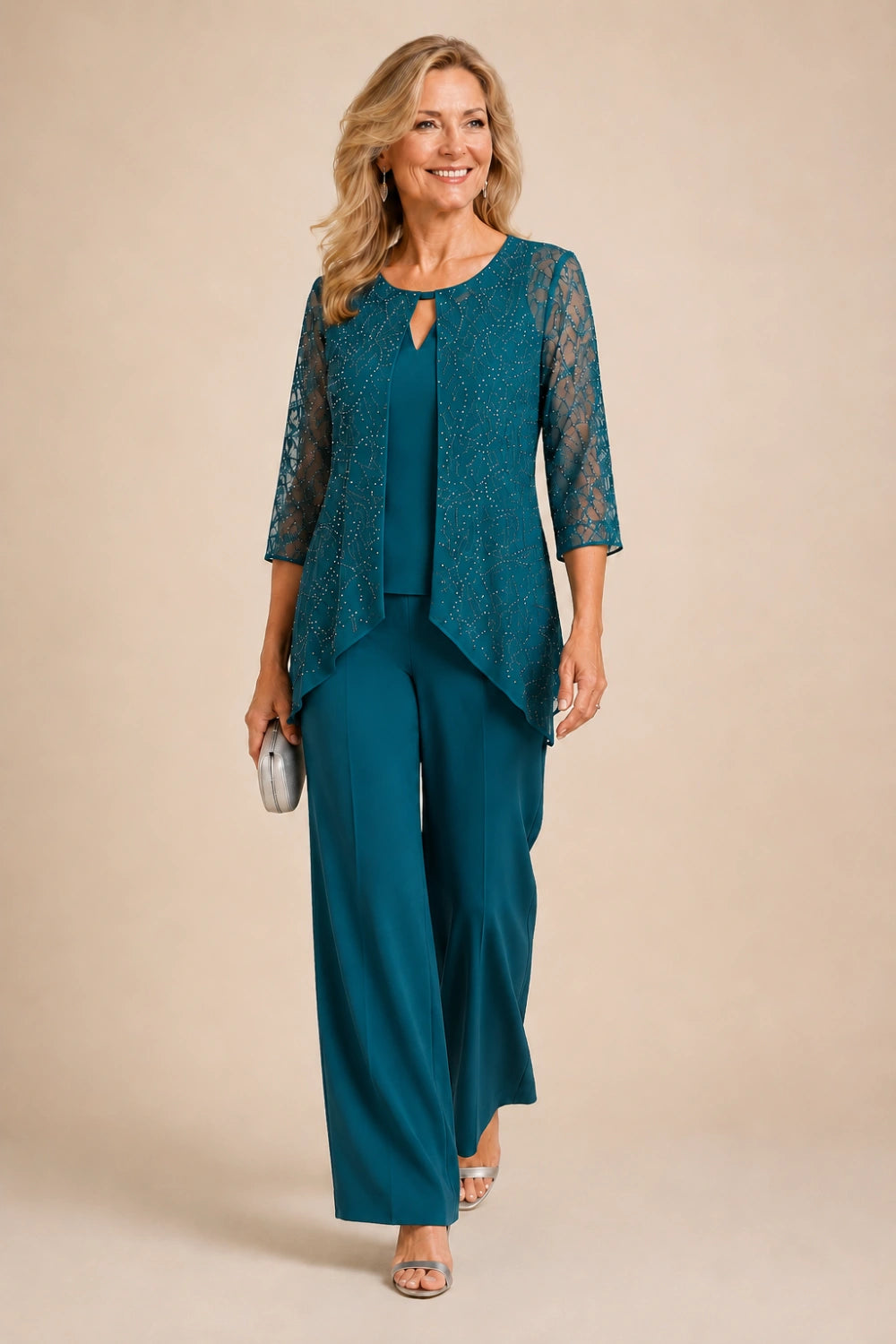 Beaded Lace Layered Wide-Leg Pant Suit