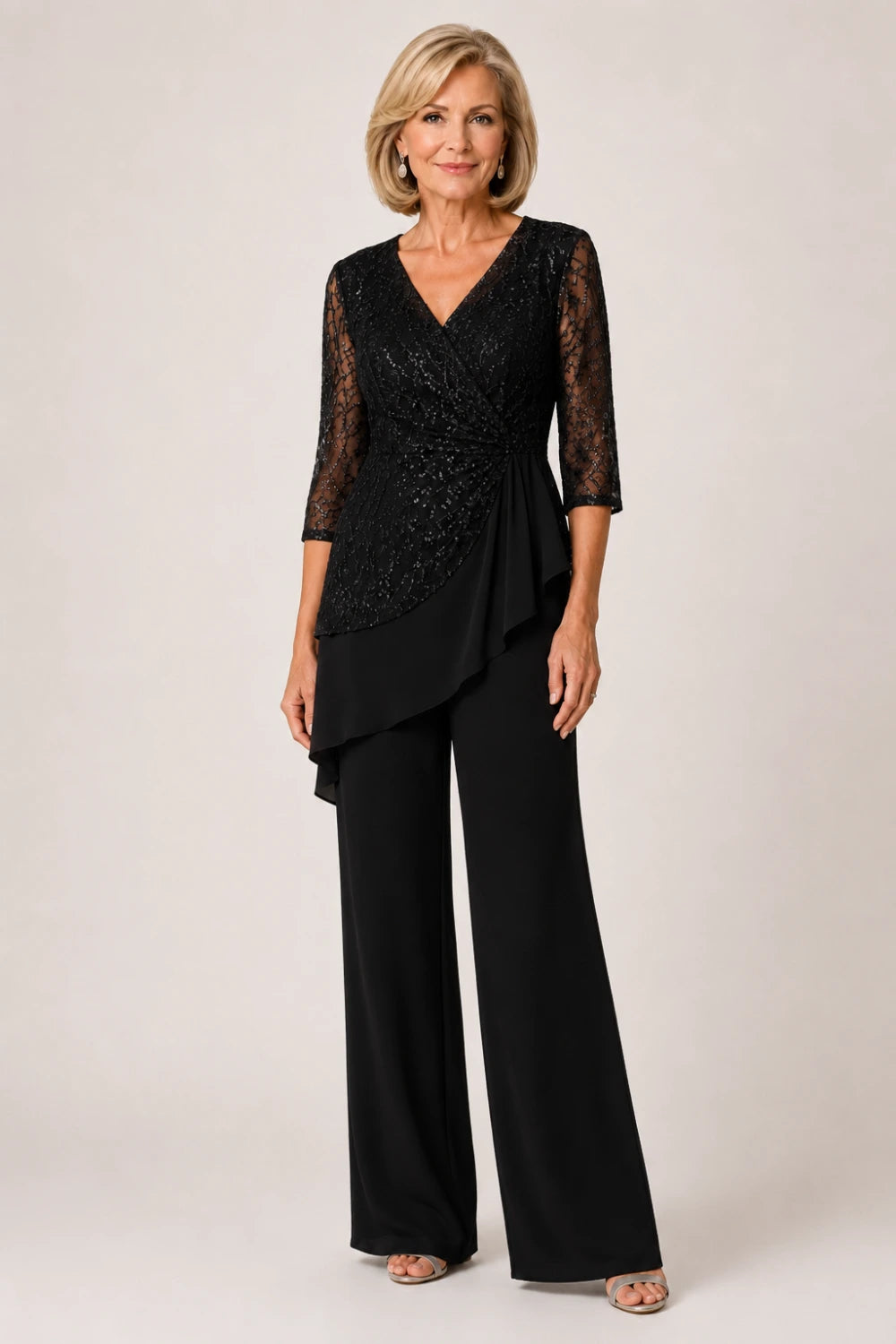 Beaded Lace Chiffon Pant Suit with Sheer Sleeves