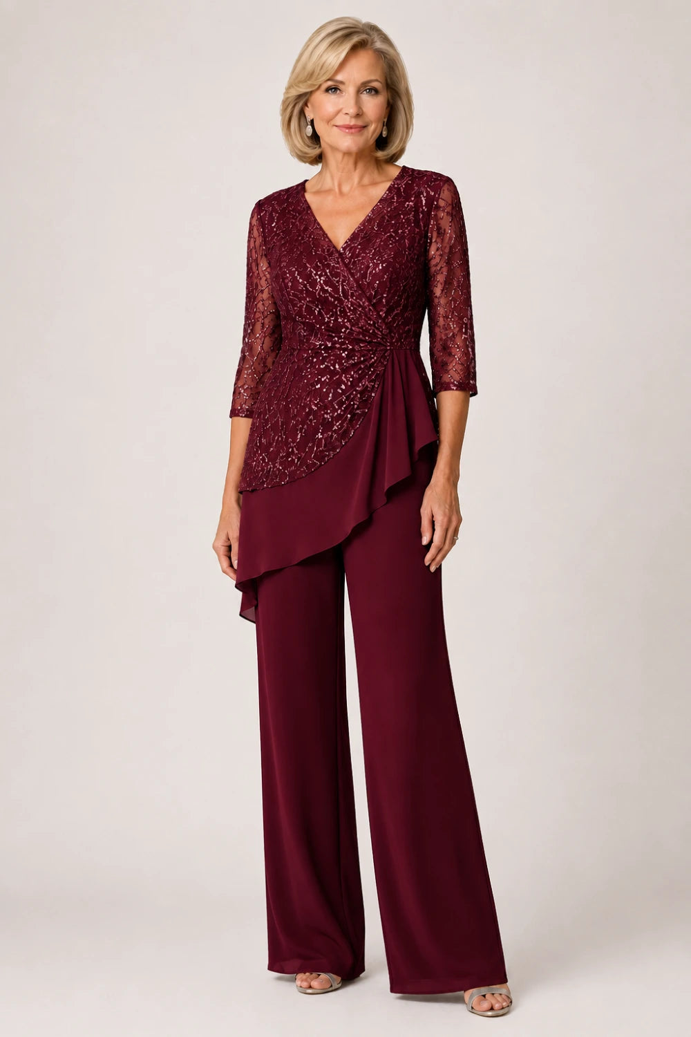 Beaded Lace Chiffon Pant Suit with Sheer Sleeves