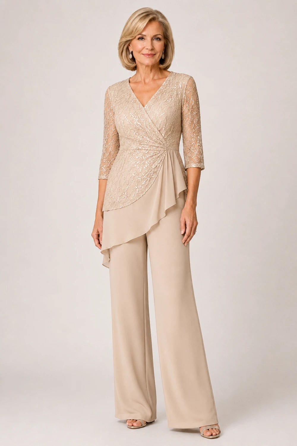 Beaded Lace Chiffon Pant Suit with Sheer Sleeves