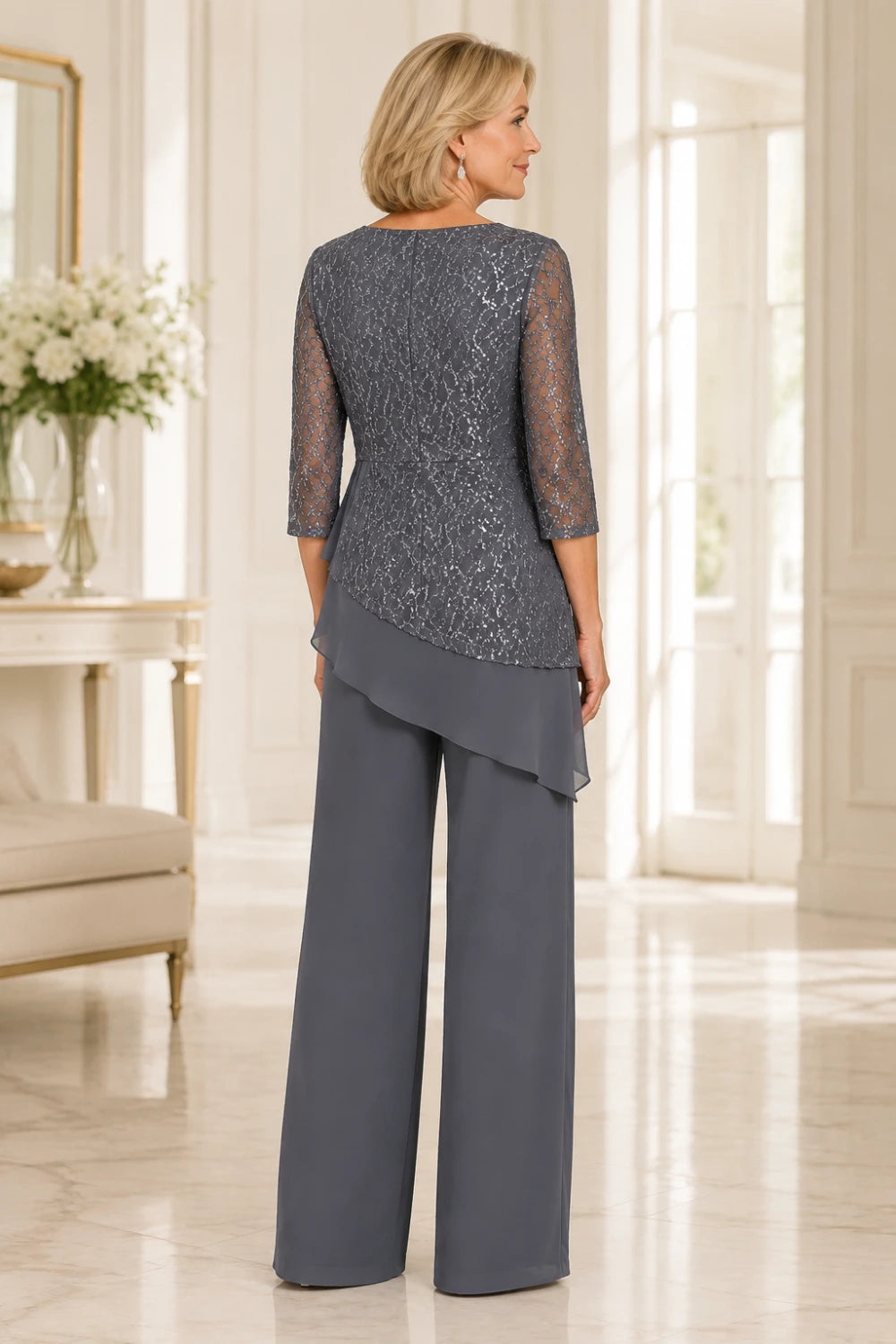 Beaded Lace Chiffon Pant Suit with Sheer Sleeves