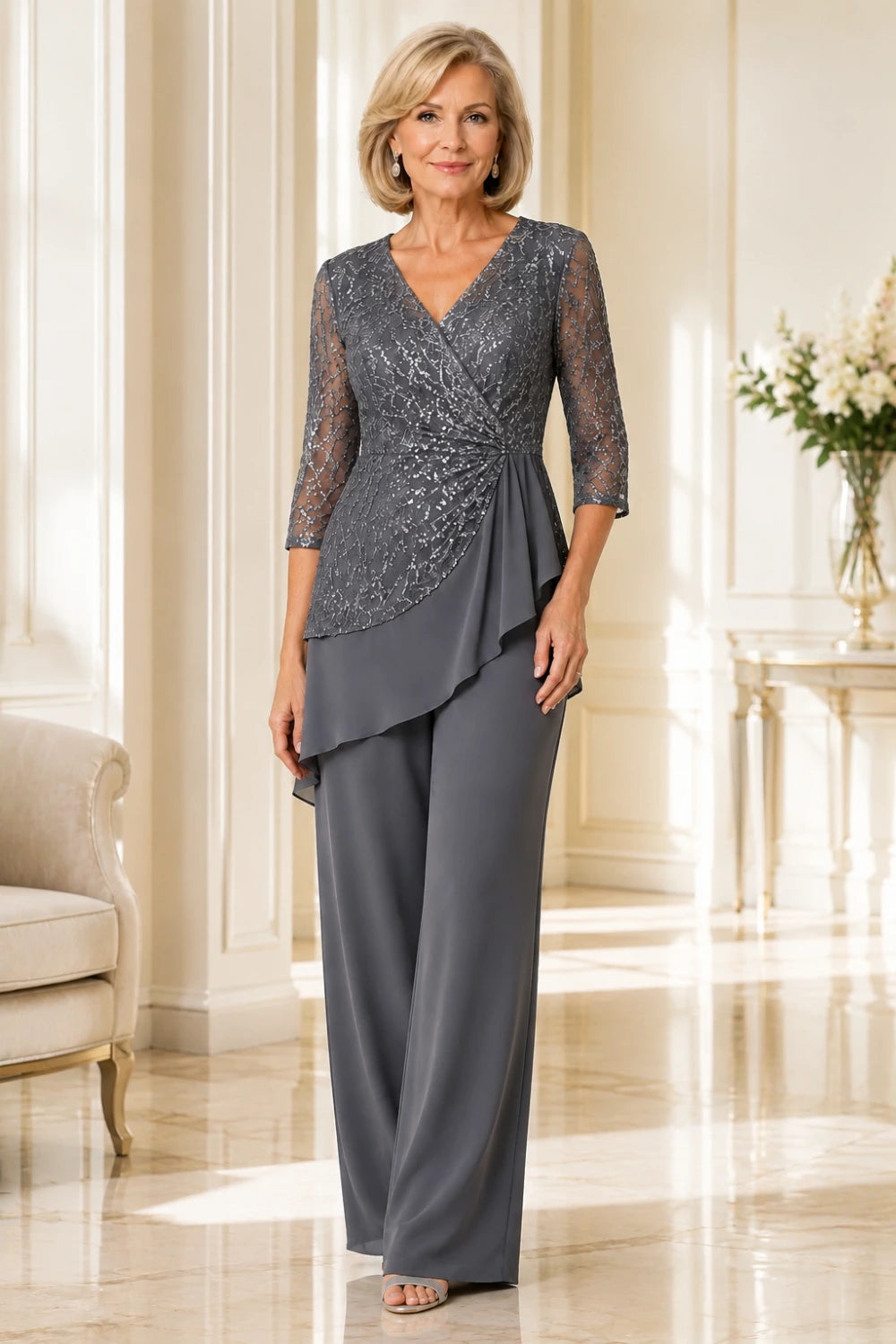 Beaded Lace Chiffon Pant Suit with Sheer Sleeves