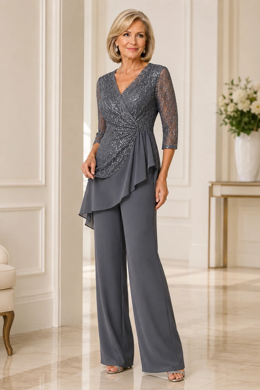 Beaded Lace Chiffon Pant Suit with Sheer Sleeves