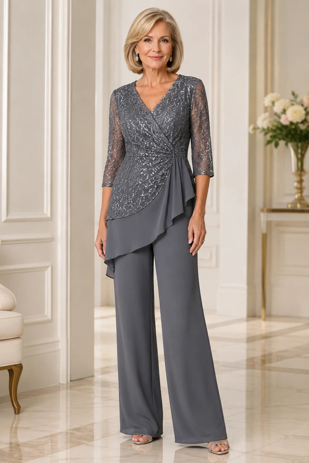 Beaded Lace Chiffon Pant Suit with Sheer Sleeves