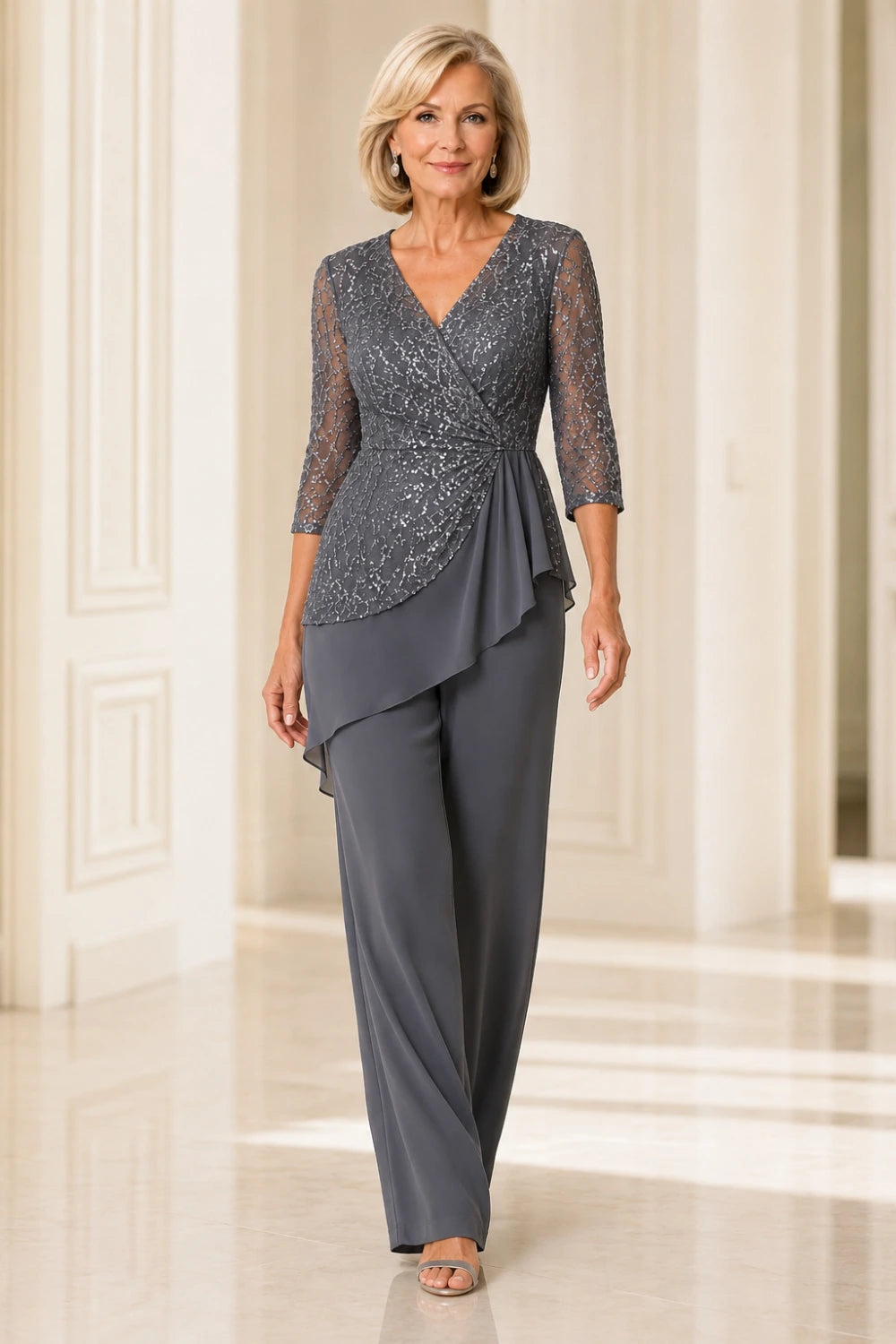 Beaded Lace Chiffon Pant Suit with Sheer Sleeves