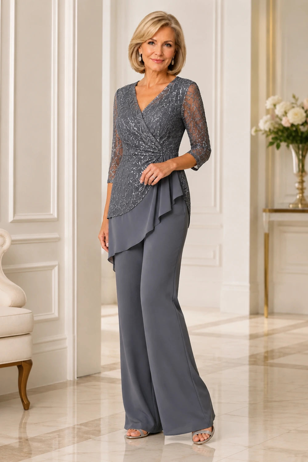 Beaded Lace Chiffon Pant Suit with Sheer Sleeves