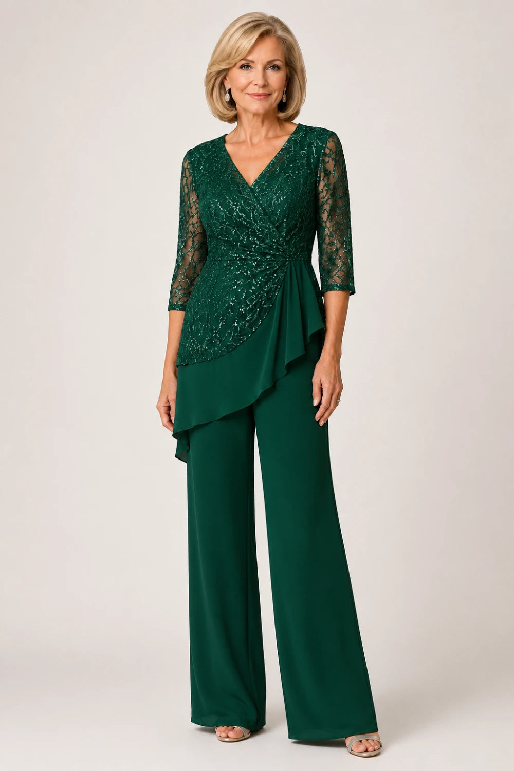 Beaded Lace Chiffon Pant Suit with Sheer Sleeves