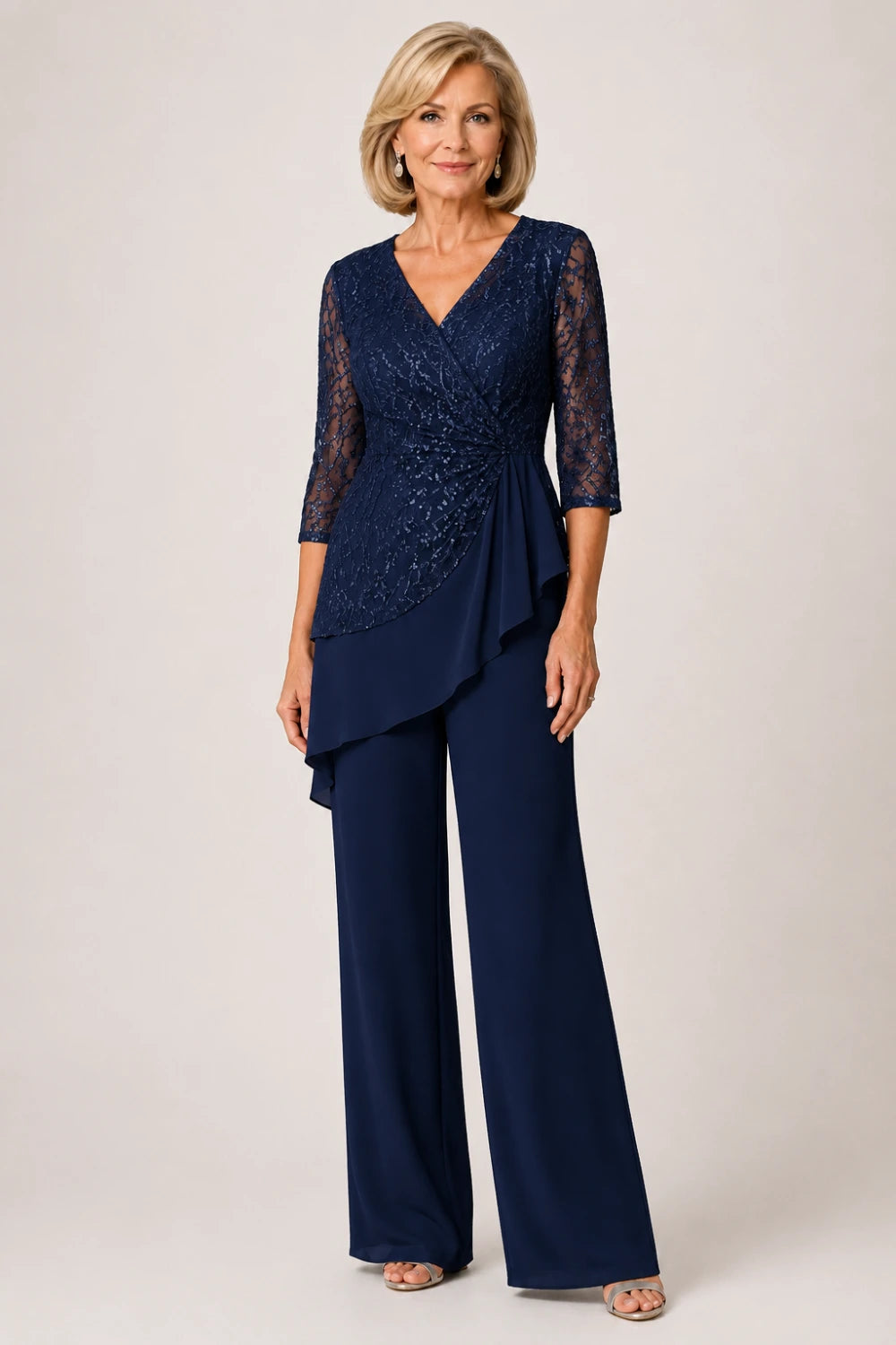 Beaded Lace Chiffon Pant Suit with Sheer Sleeves