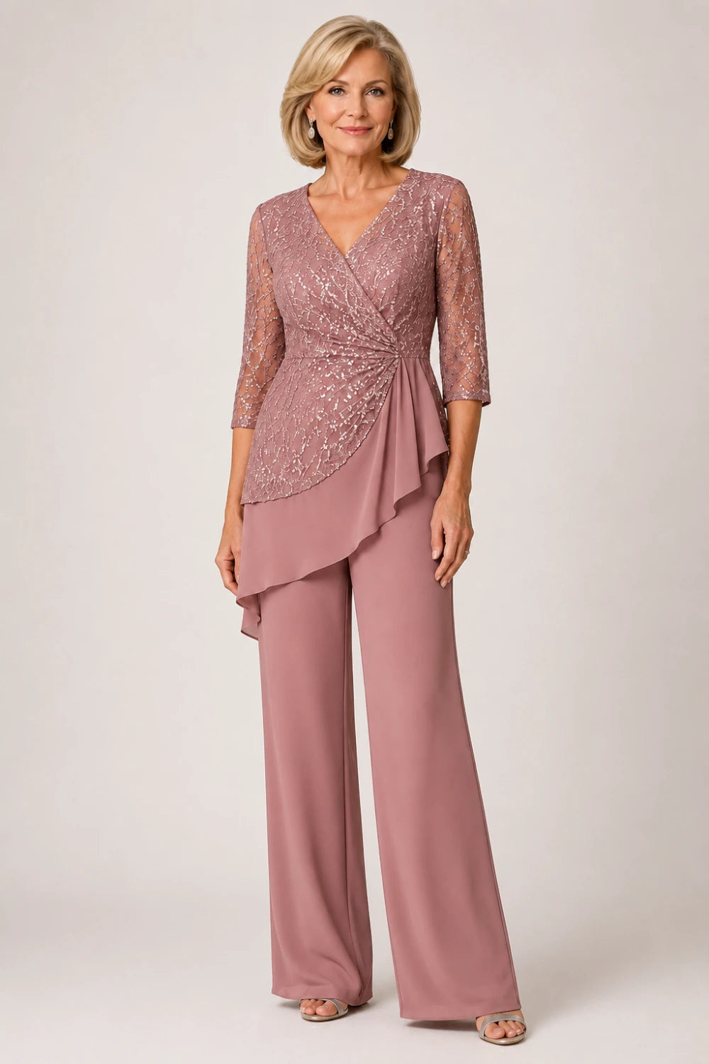 Beaded Lace Chiffon Pant Suit with Sheer Sleeves
