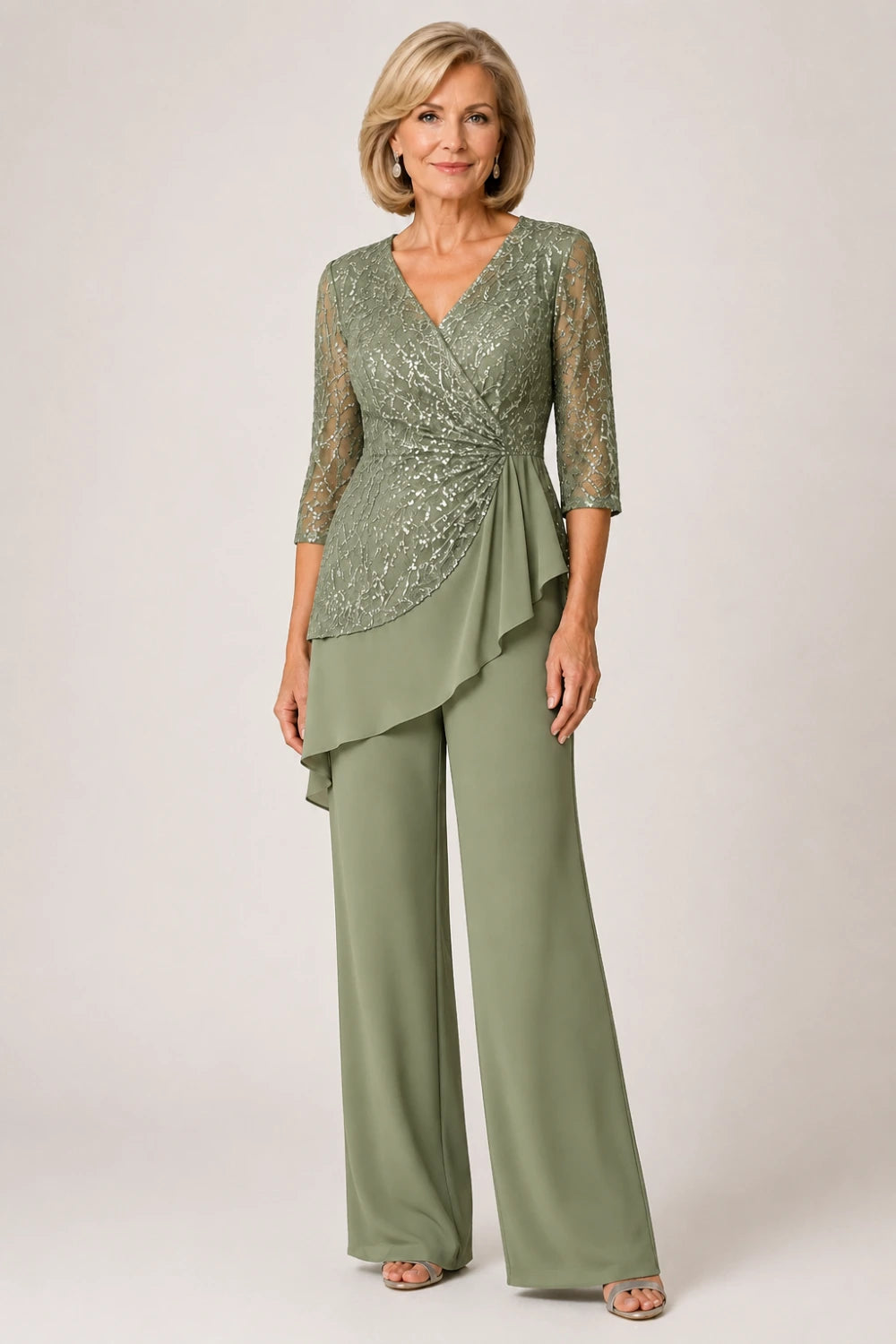 Beaded Lace Chiffon Pant Suit with Sheer Sleeves