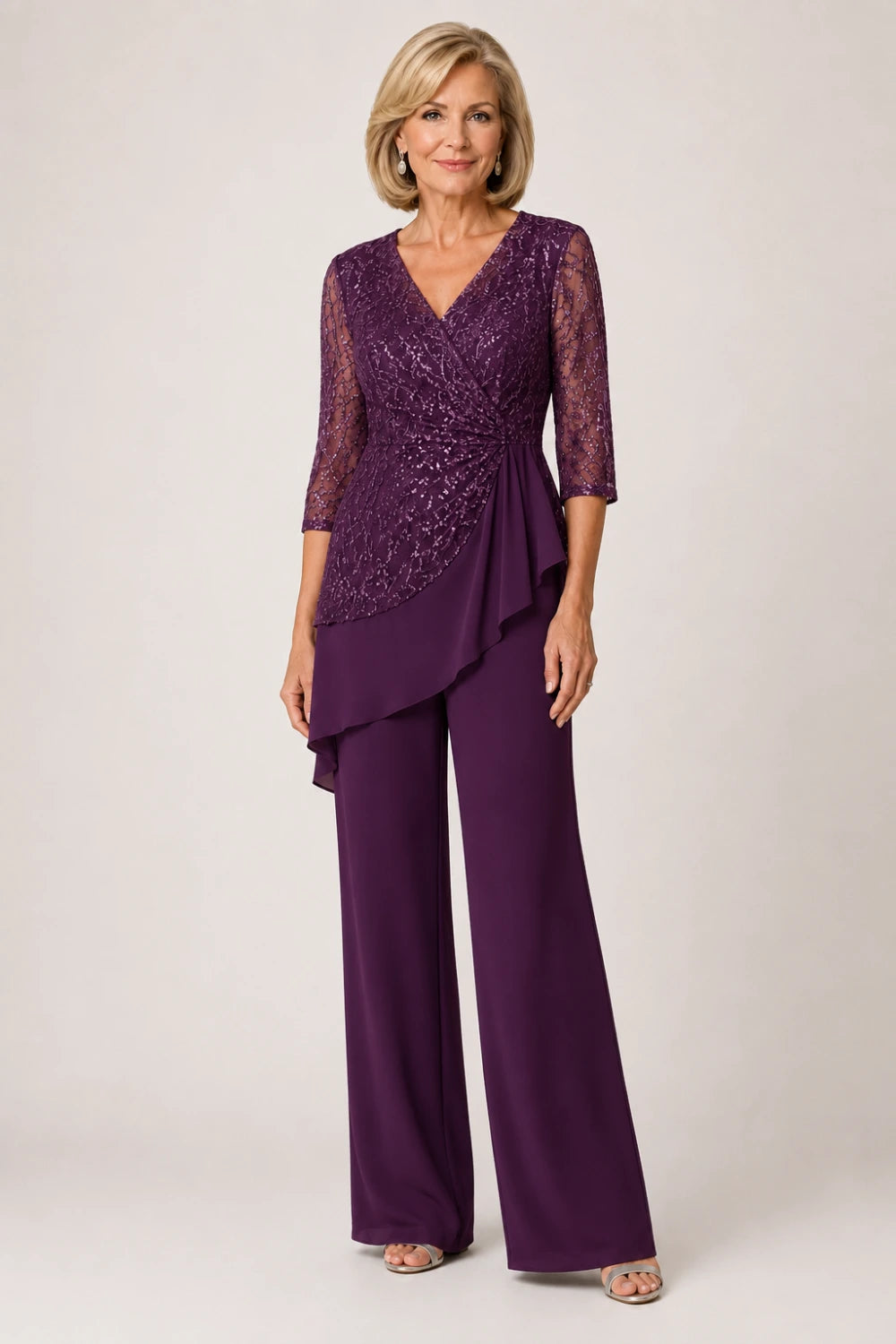 Beaded Lace Chiffon Pant Suit with Sheer Sleeves