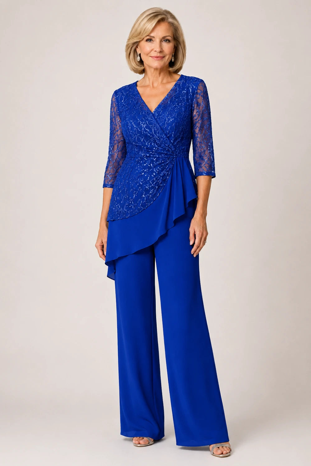 Beaded Lace Chiffon Pant Suit with Sheer Sleeves
