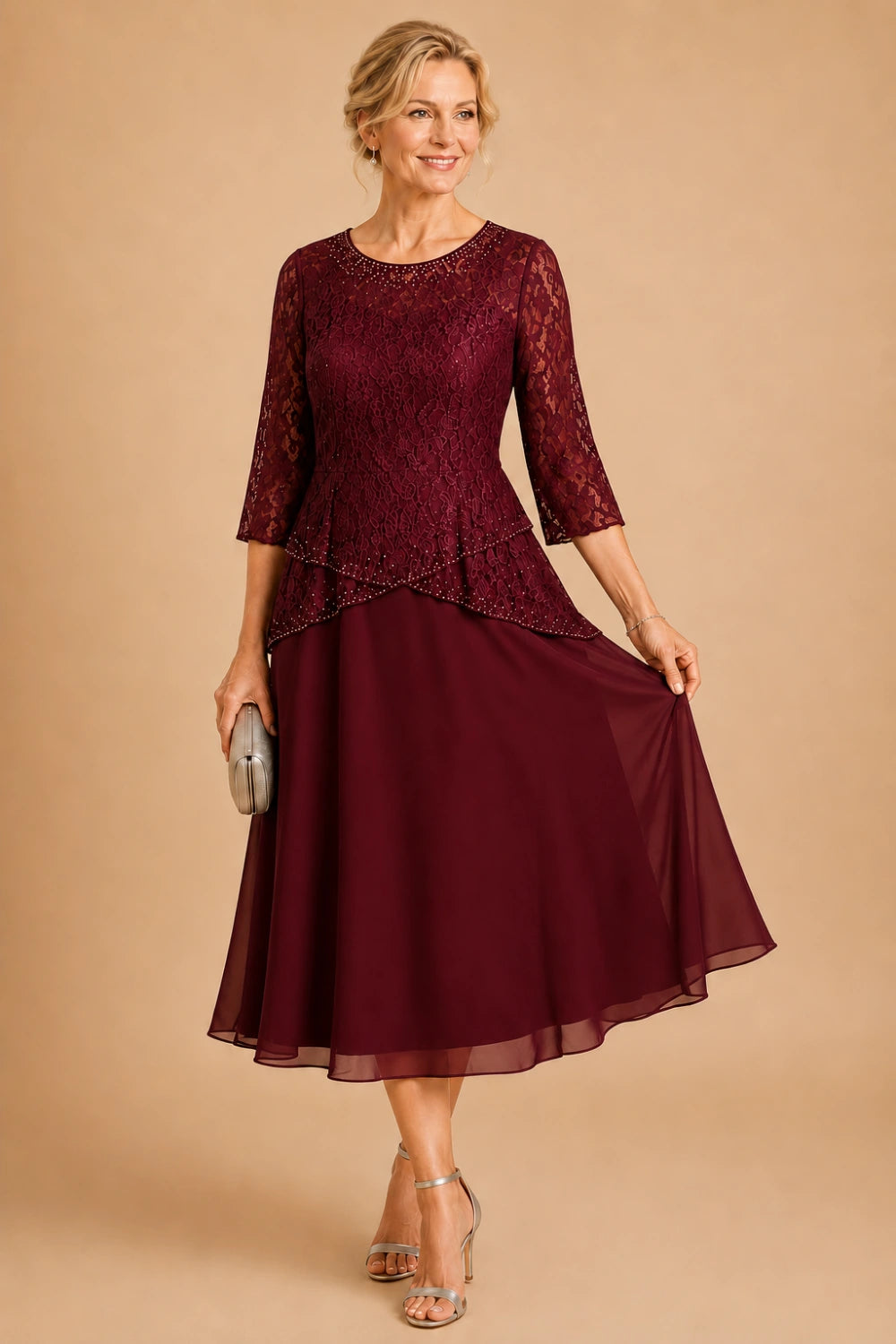 Beaded Lace Tea-Length Chiffon Formal Dress