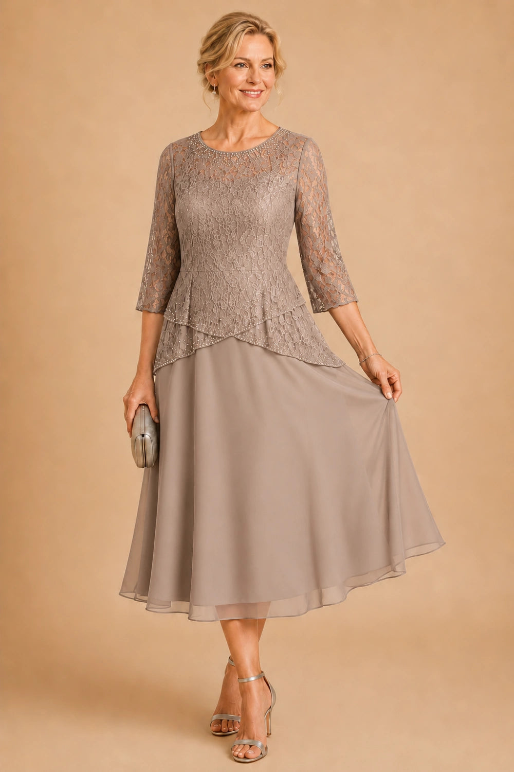Beaded Lace Tea-Length Chiffon Formal Dress