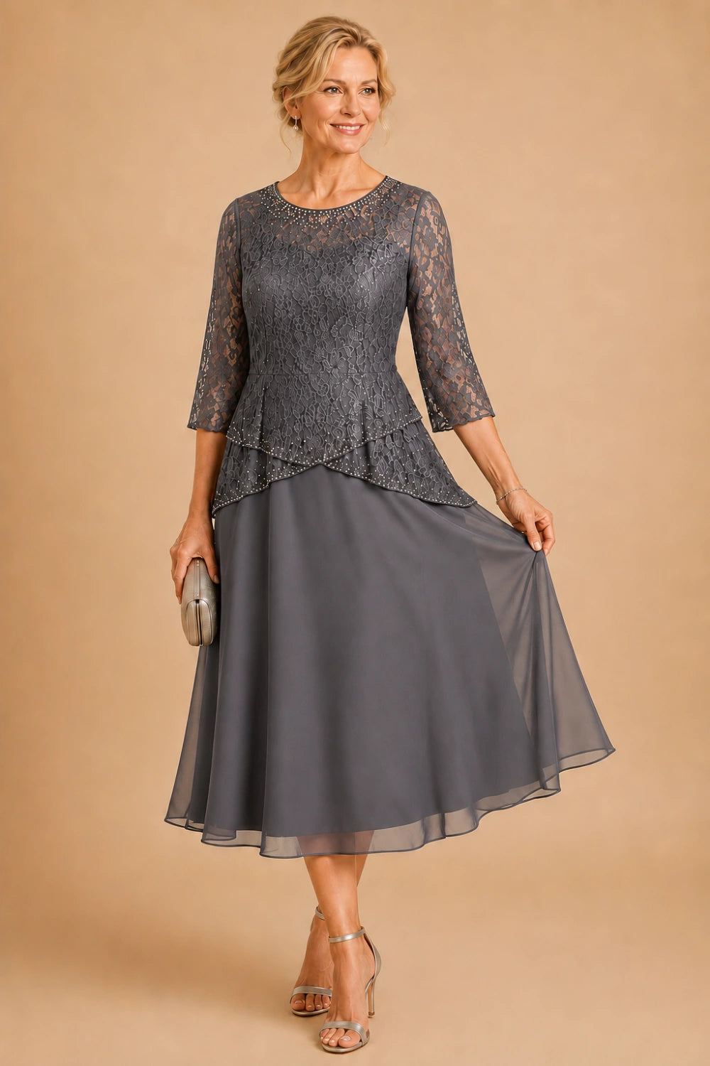 Beaded Lace Tea-Length Chiffon Formal Dress
