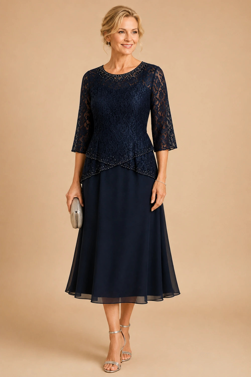 Beaded Lace Tea-Length Chiffon Formal Dress