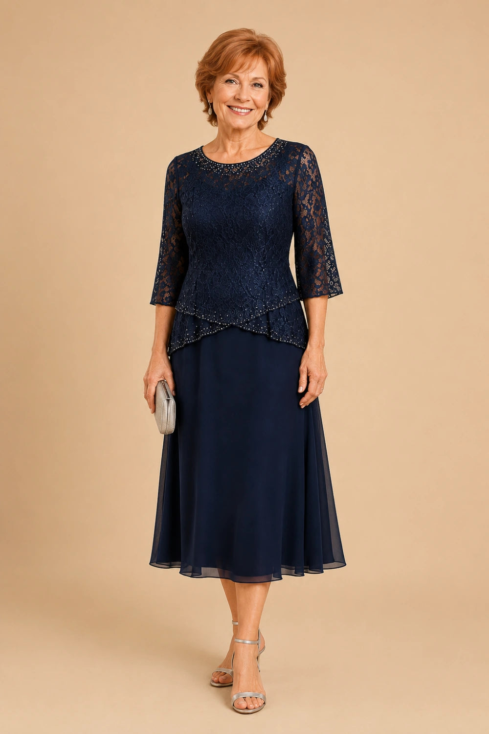 Beaded Lace Tea-Length Chiffon Formal Dress