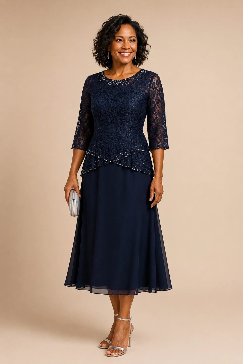 Beaded Lace Tea-Length Chiffon Formal Dress