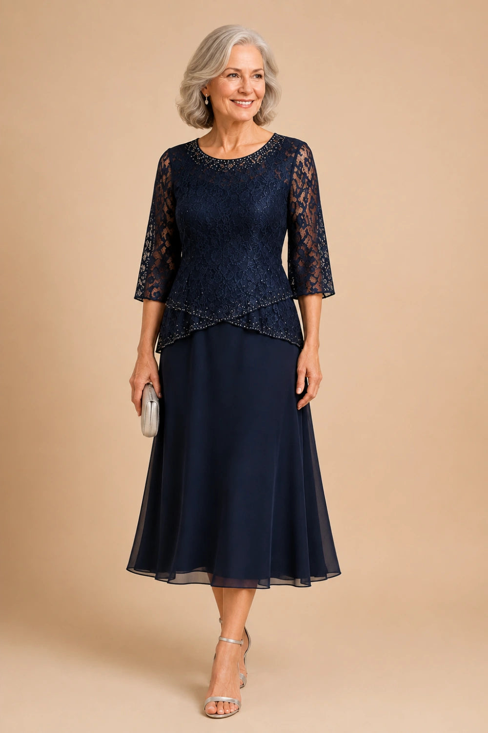 Beaded Lace Tea-Length Chiffon Formal Dress