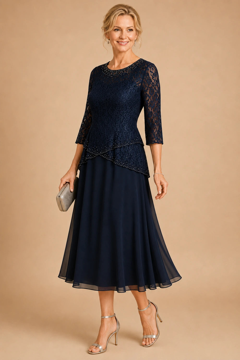 Beaded Lace Tea-Length Chiffon Formal Dress