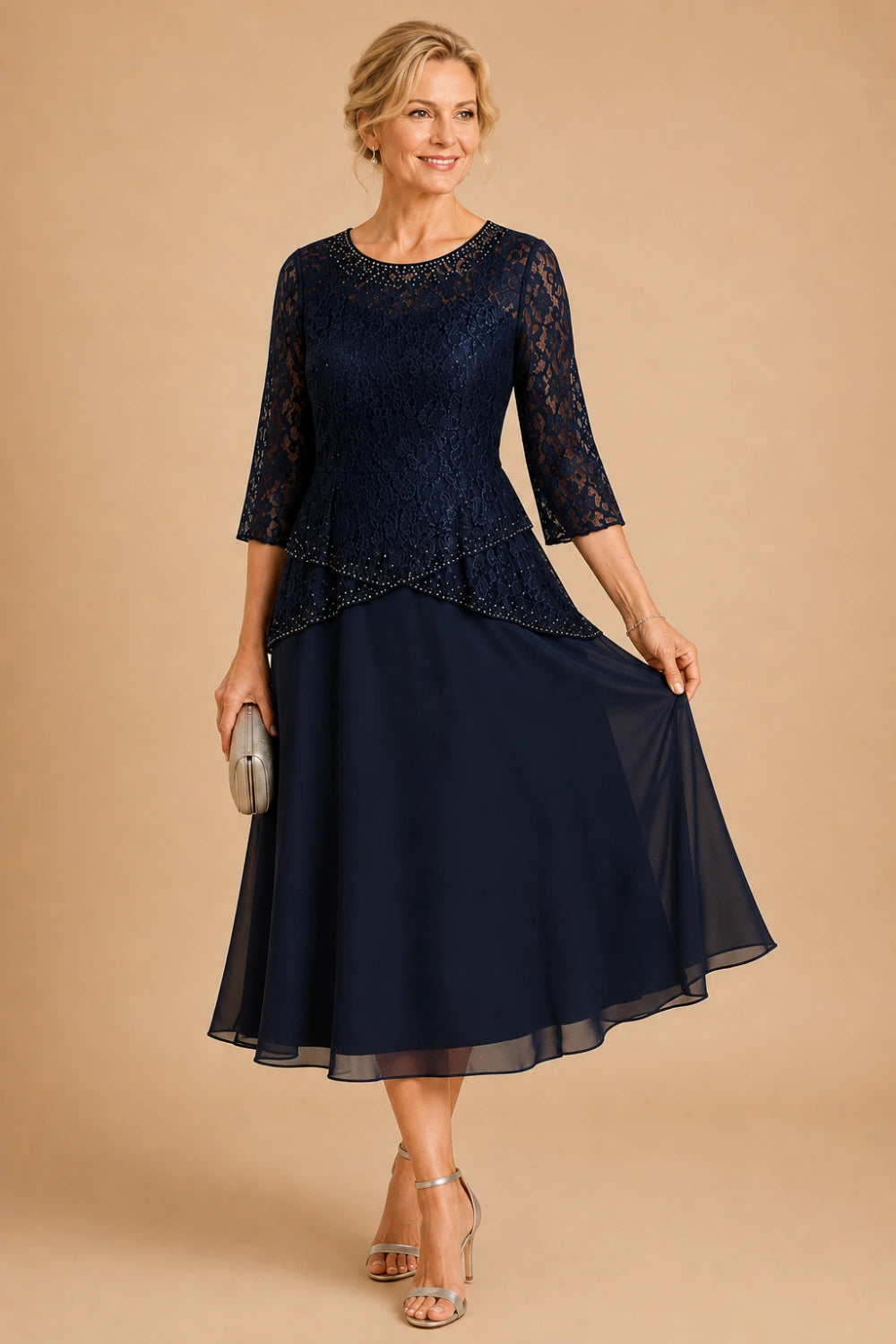 Beaded Lace Tea-Length Chiffon Formal Dress