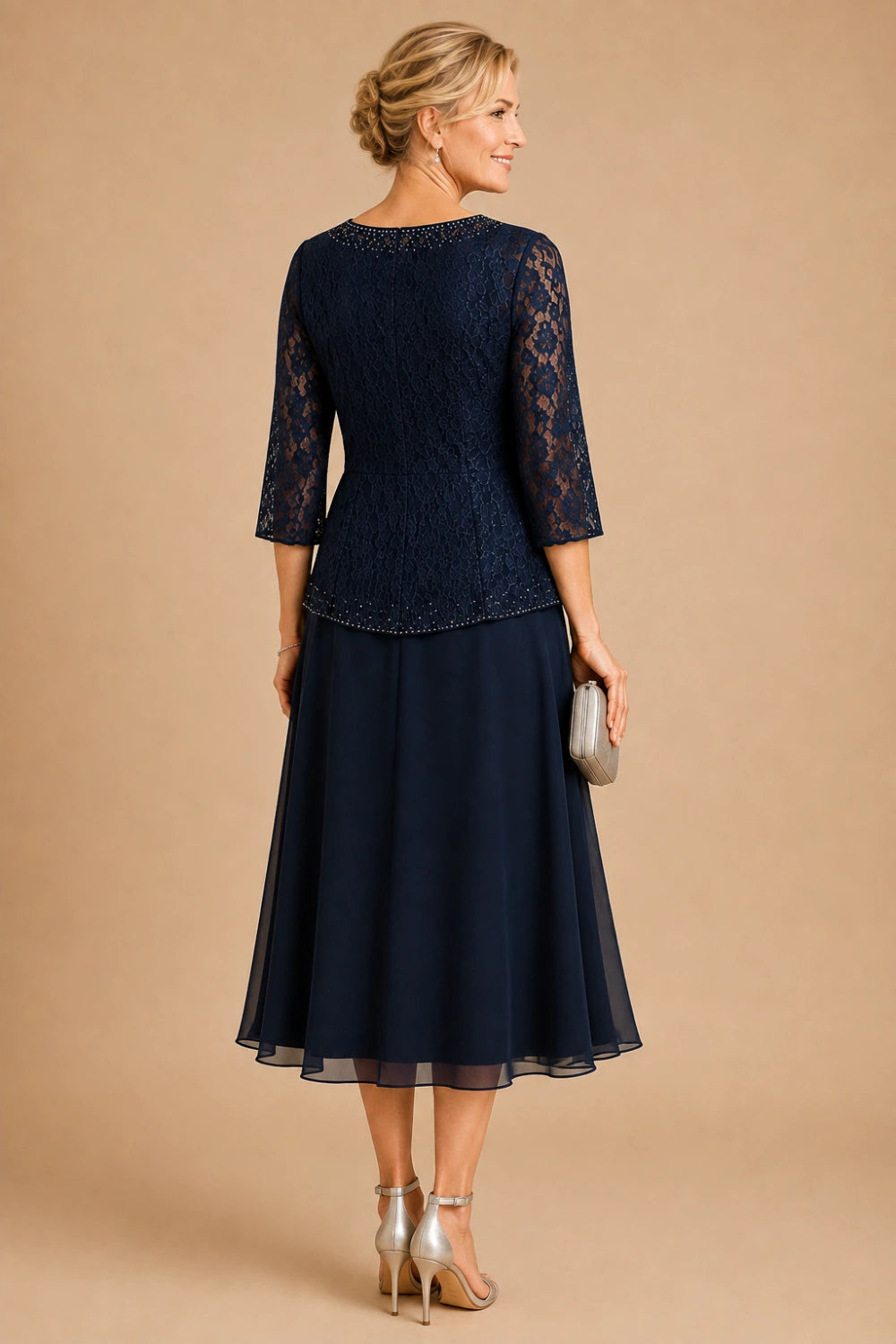 Beaded Lace Tea-Length Chiffon Formal Dress