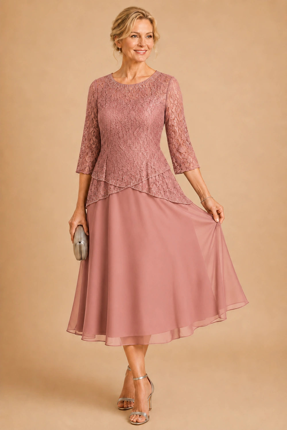 Beaded Lace Tea-Length Chiffon Formal Dress