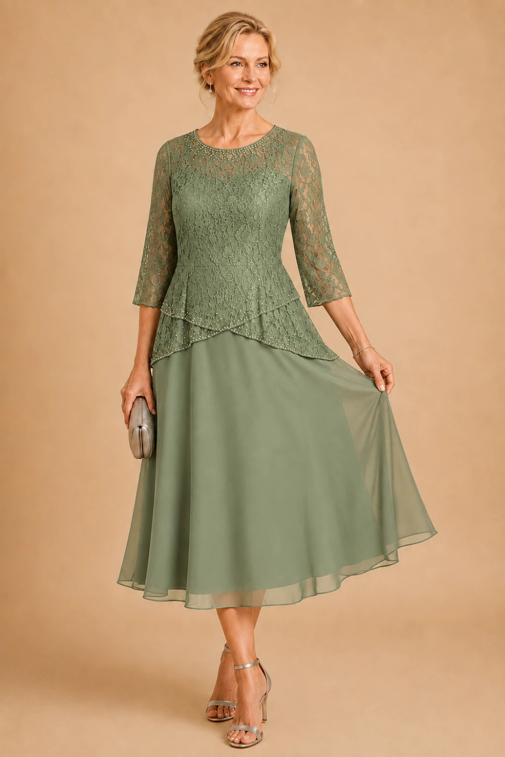 Beaded Lace Tea-Length Chiffon Formal Dress