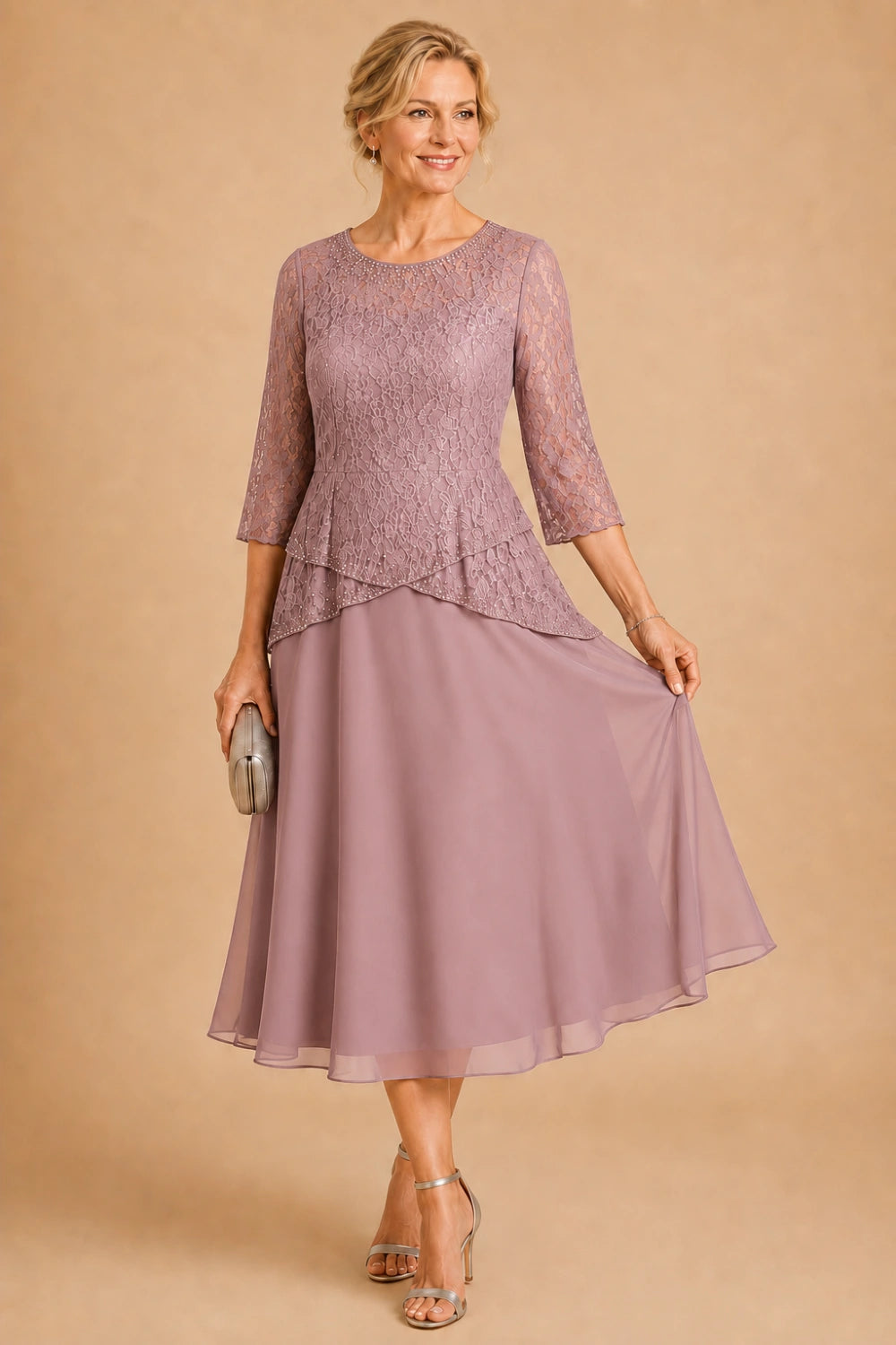 Beaded Lace Tea-Length Chiffon Formal Dress