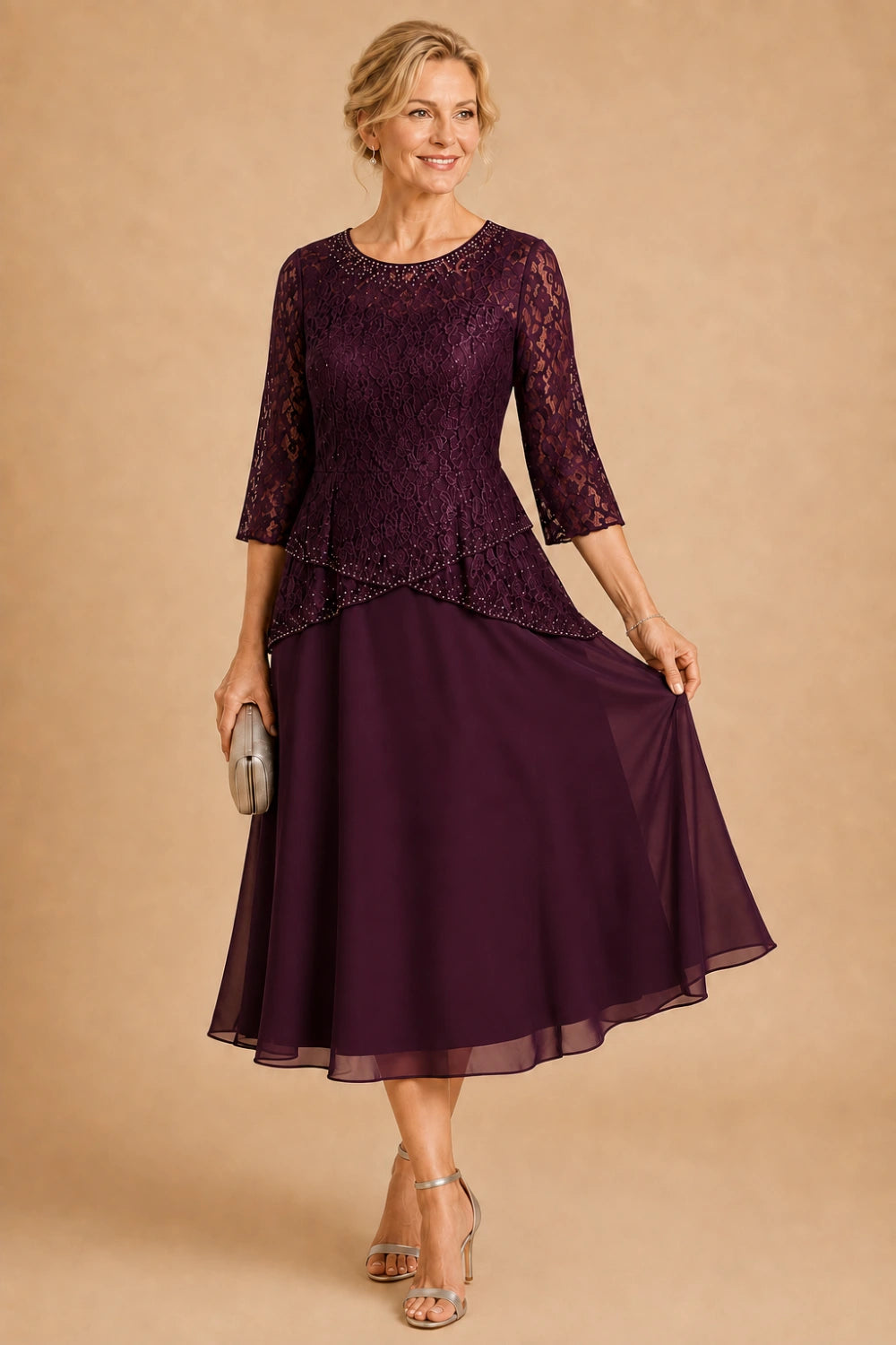 Beaded Lace Tea-Length Chiffon Formal Dress