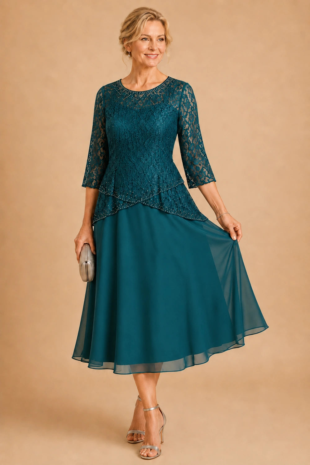 Beaded Lace Tea-Length Chiffon Formal Dress