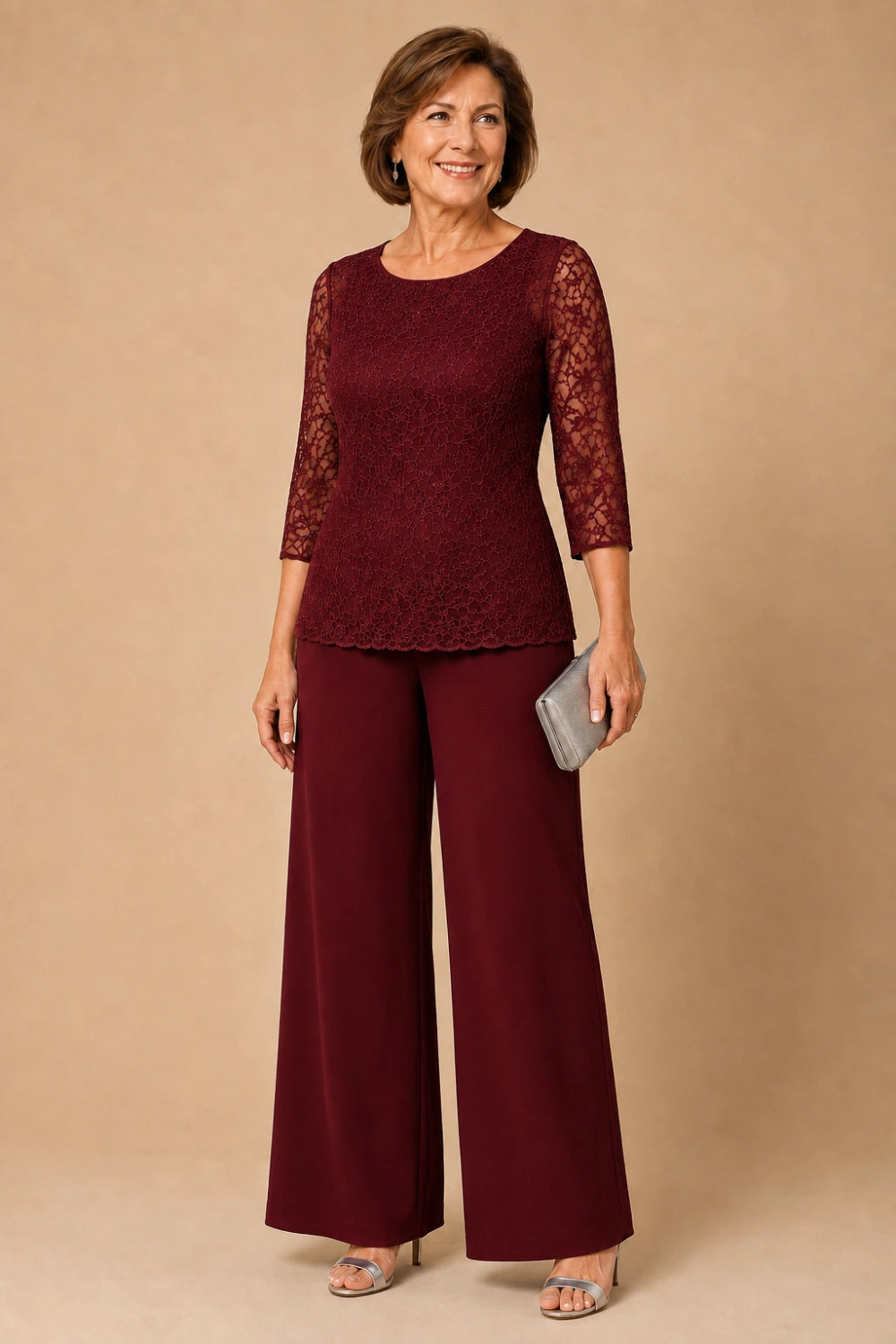 Beaded Lace Wide-Leg Pant Suit with 3/4 Sleeves