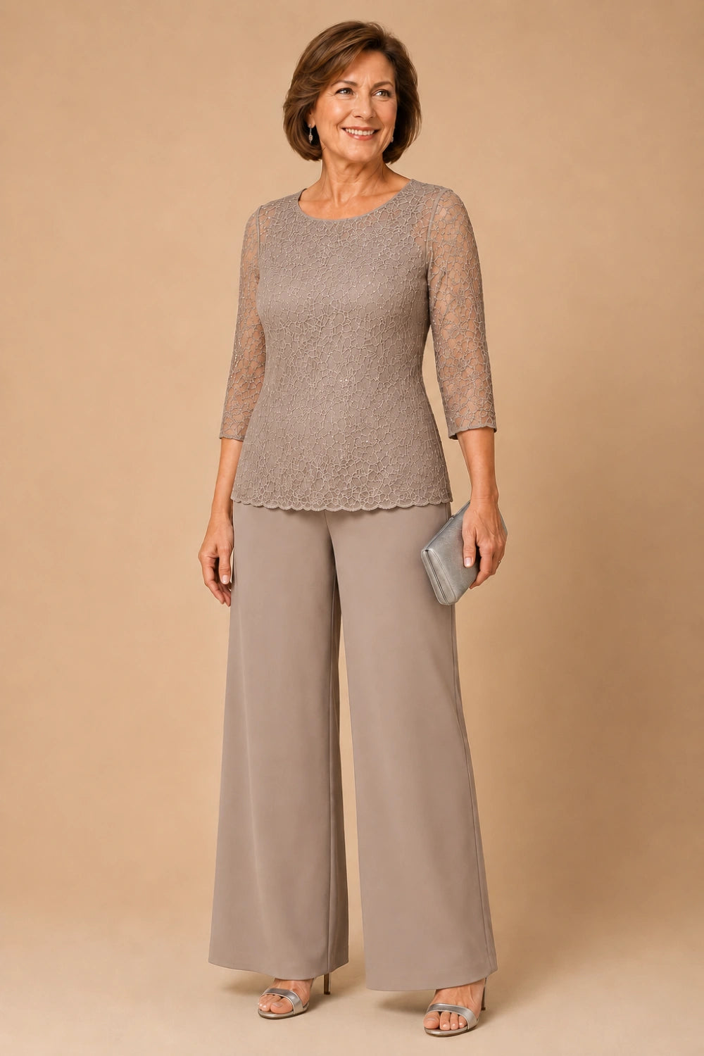Beaded Lace Wide-Leg Pant Suit with 3/4 Sleeves