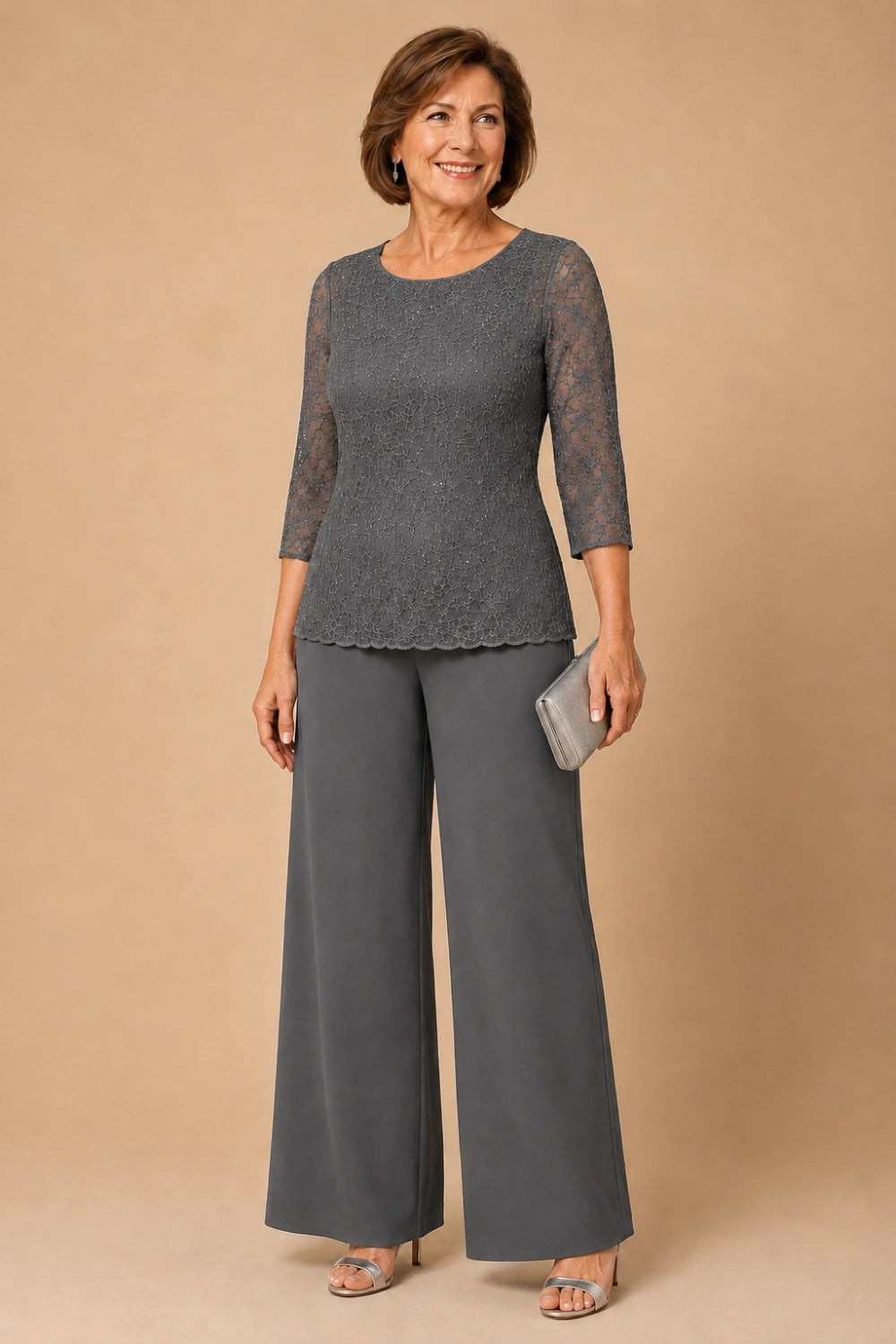 Beaded Lace Wide-Leg Pant Suit with 3/4 Sleeves