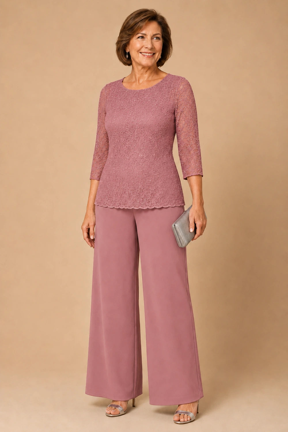 Beaded Lace Wide-Leg Pant Suit with 3/4 Sleeves