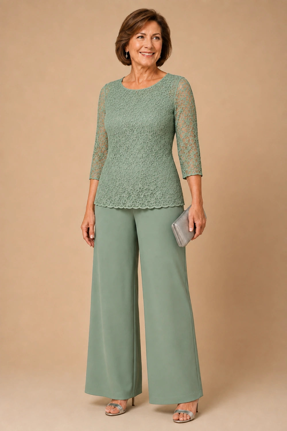 Beaded Lace Wide-Leg Pant Suit with 3/4 Sleeves