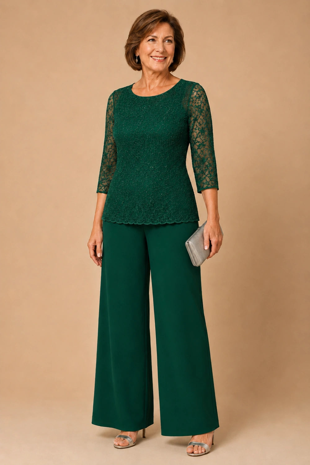 Beaded Lace Wide-Leg Pant Suit with 3/4 Sleeves