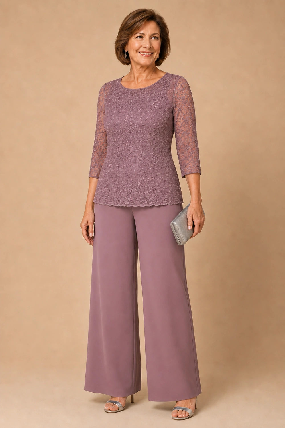 Beaded Lace Wide-Leg Pant Suit with 3/4 Sleeves