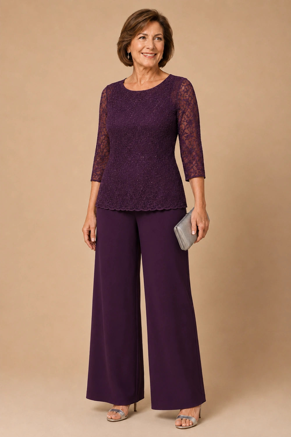 Beaded Lace Wide-Leg Pant Suit with 3/4 Sleeves