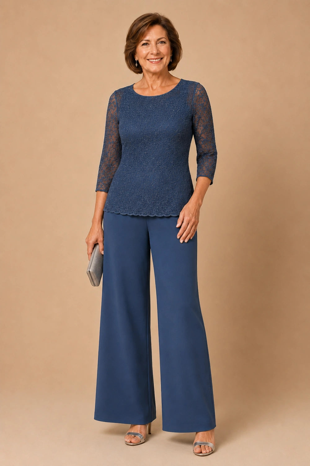 Beaded Lace Wide-Leg Pant Suit with 3/4 Sleeves