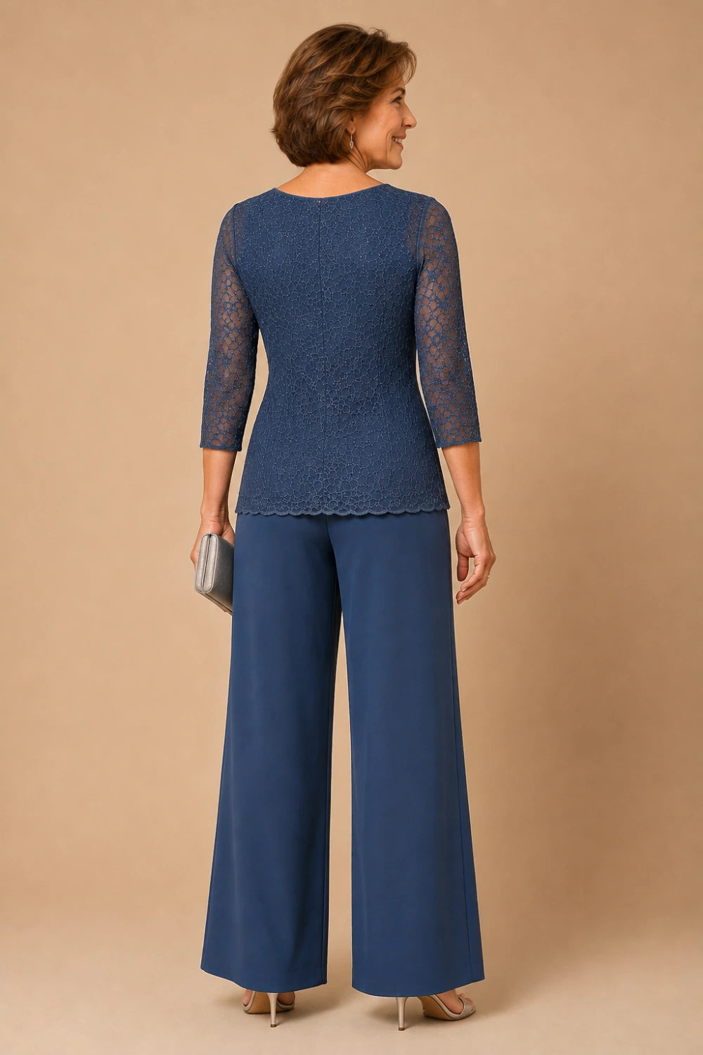 Beaded Lace Wide-Leg Pant Suit with 3/4 Sleeves
