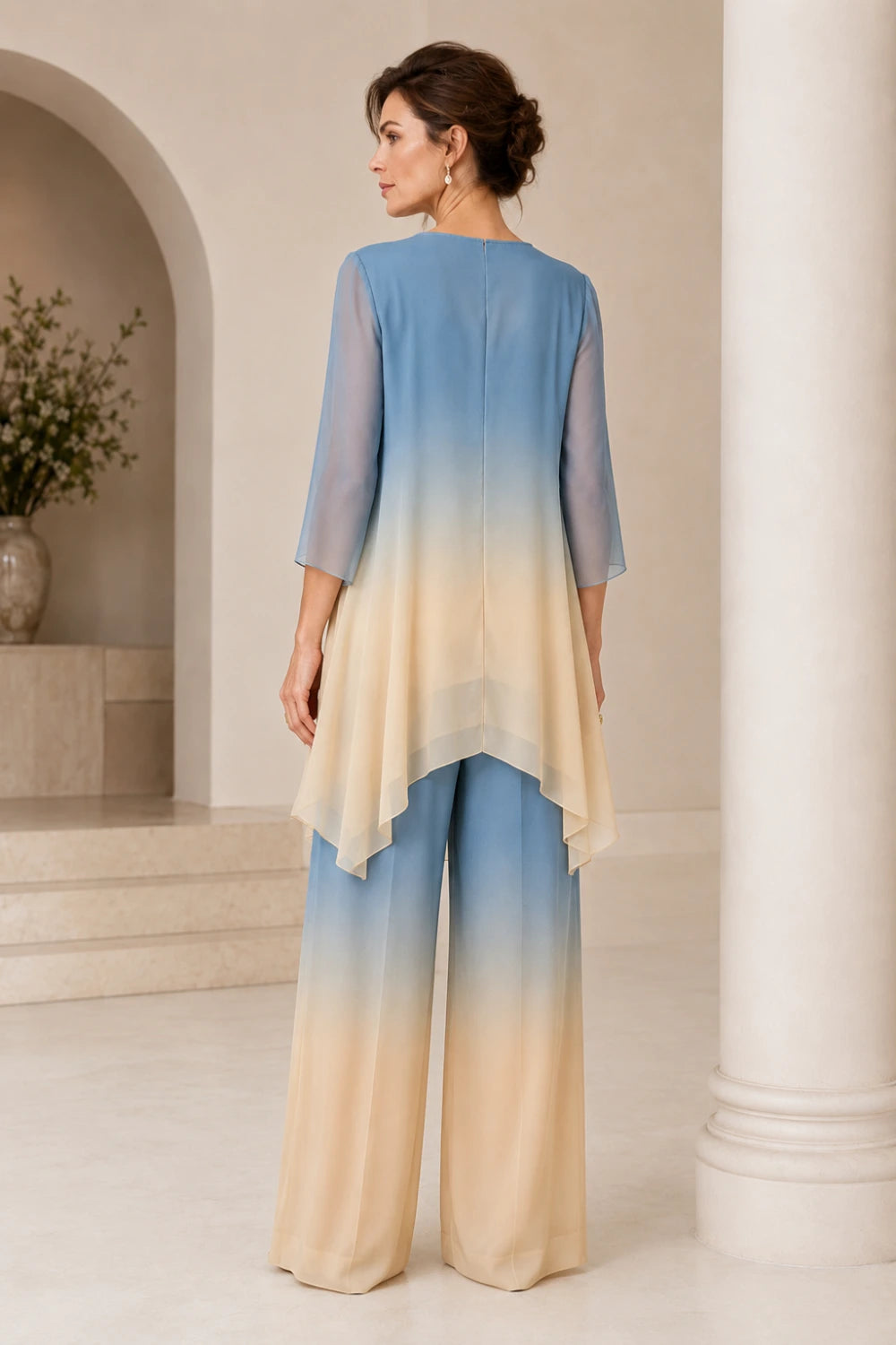 Beaded Ombre Chiffon Capelet Pant Suit