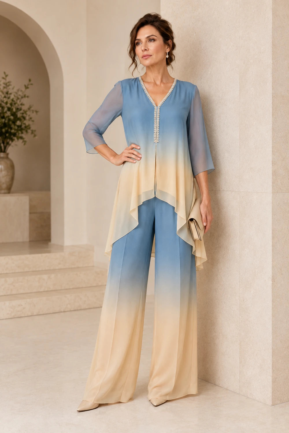 Beaded Ombre Chiffon Capelet Pant Suit