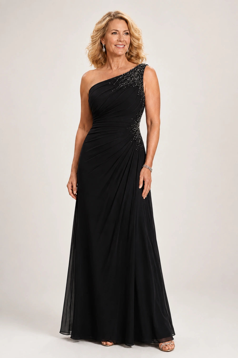 Beaded One-Shoulder Ruched Chiffon Evening Gown