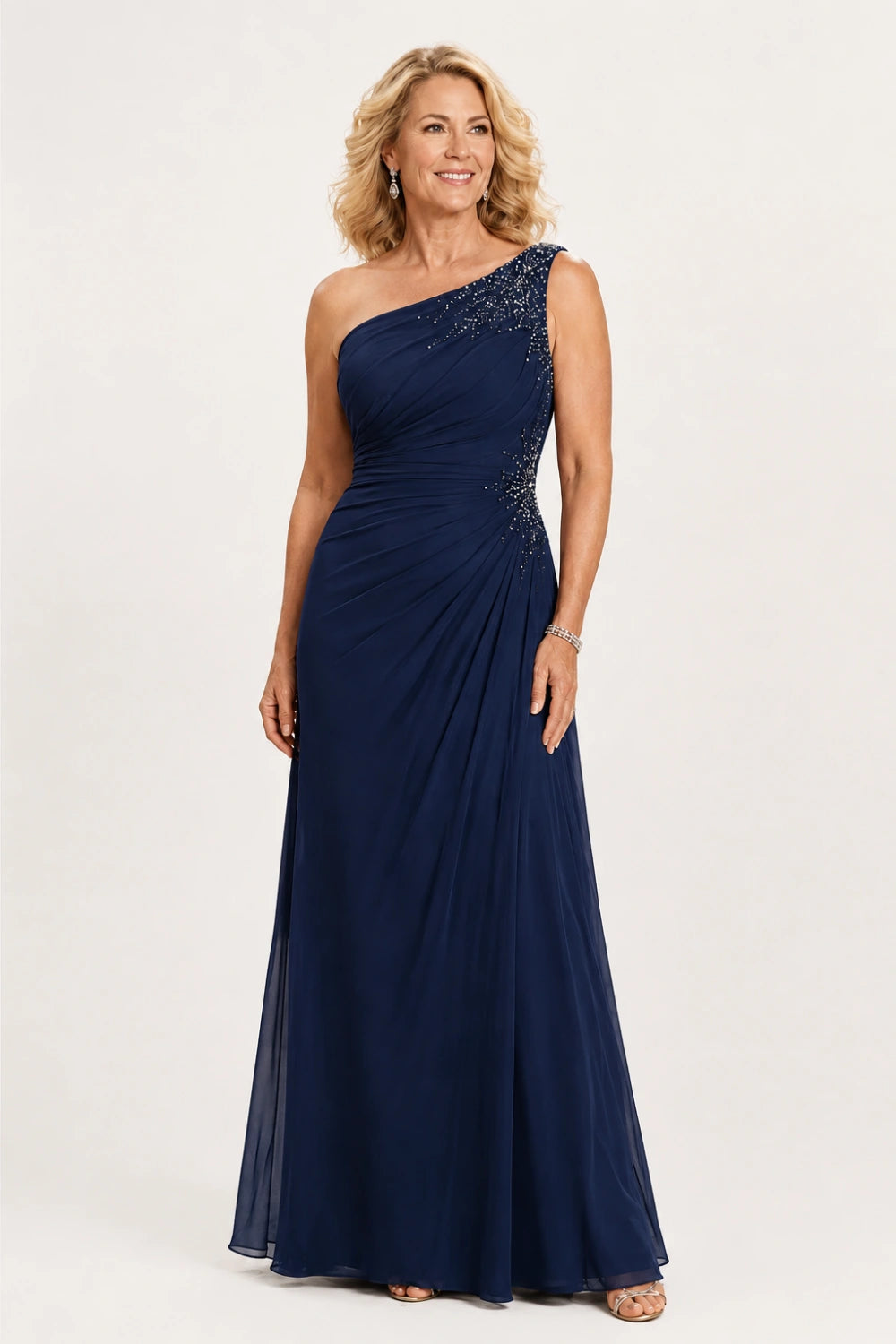 Beaded One-Shoulder Ruched Chiffon Evening Gown